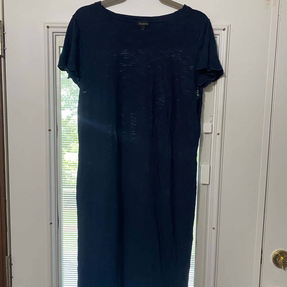 Talbots Navy Blue Scalloped Cap Sleeve Cotton Sheath Dress M